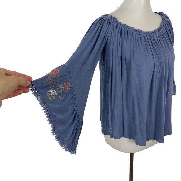 Altar’d State Peasant Blouse Small Blue Off Shoulder Boho Festival Chic - Picture 2 of 5